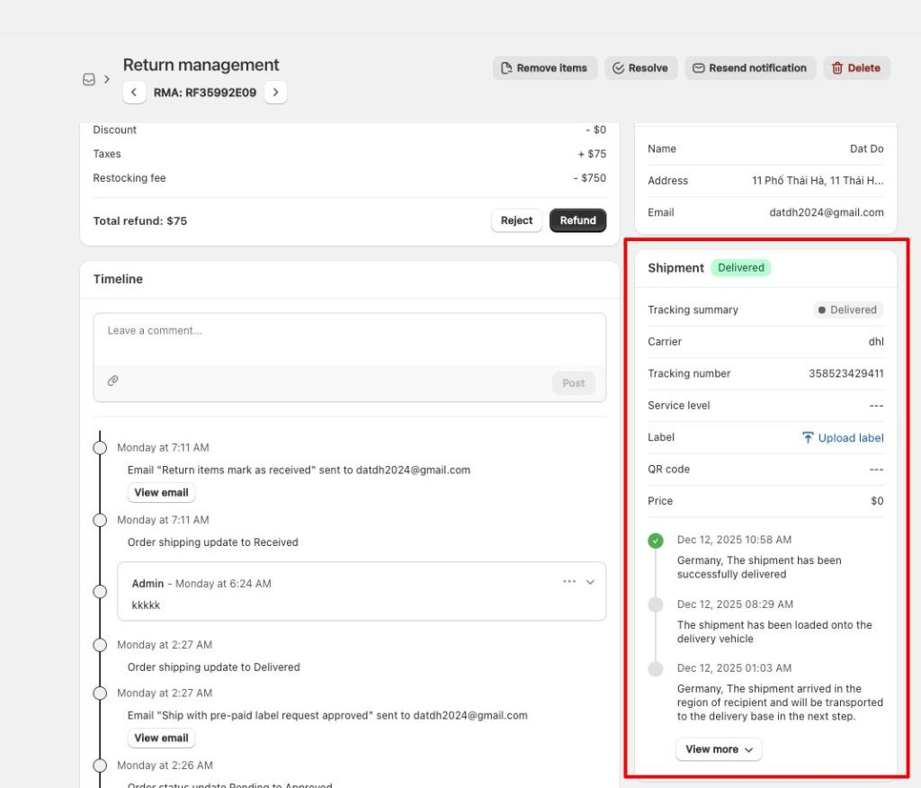 Track Return shipment statuses in management