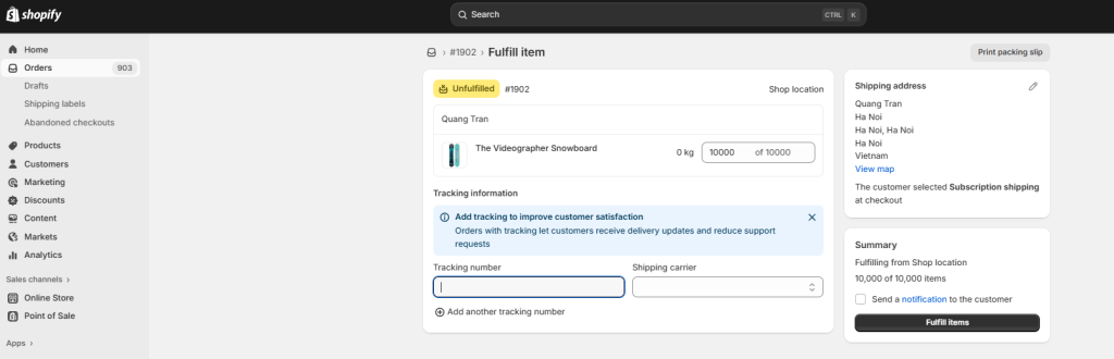 Add Tracking Numbers to Your Orders in the fullfillment section