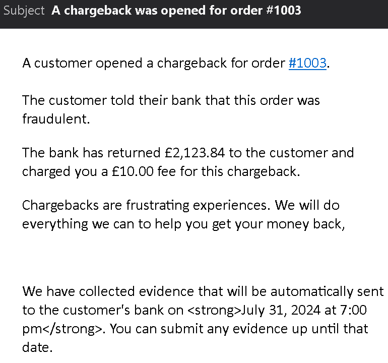 Shopify Chargeback example
