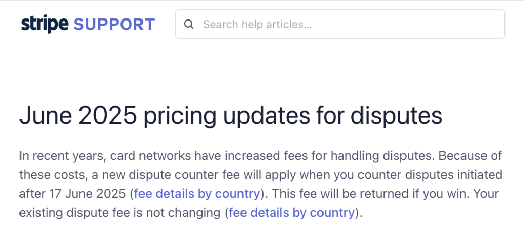 Stripe is updating its dispute fee policy